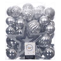 Set van 55x stuks kunststof kerstballen incl. ster piek zilver - Kerstbal - thumbnail
