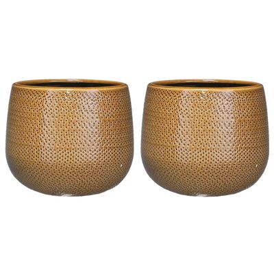 Set van 3x stuks bloempotten okergeel ribbels keramiek voor kamerplant H16 x D18 cm