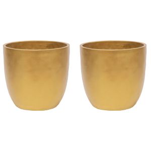 Plantenpot/bloempot - 2x - keramiek - goud - bladmotief - D18 x H17 cm