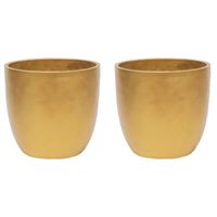 Plantenpot/bloempot - 2x - keramiek - goud - bladmotief - D18 x H17 cm