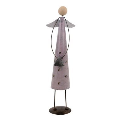 Staande Roze Metalen Engel met Kerstboom in Handen (45 x 15 cm)