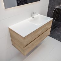 Mondiaz Vica Cloud badmeubel eiken licht 100 cm 2 lades solid surface enkele spoelbak rechts 1 kraangat