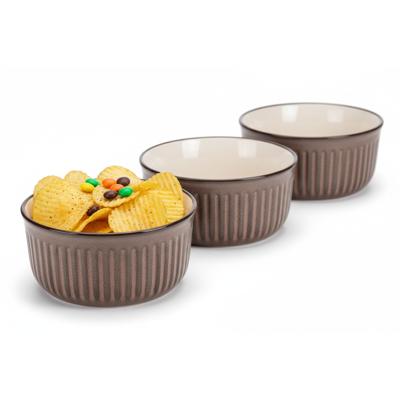 Serveer/chips schaaltje Striped - 8x - bruin - 14 x 7 cm - keramiek - kommetjes - 500 ml