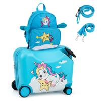Set van 2 Stuks Bagage voor Kinderen Koffer van 47 cm en Rugzak van 30 cm met Wieltjes en Waterdichte Harde Schaal Rollende Bagage+Rugzak