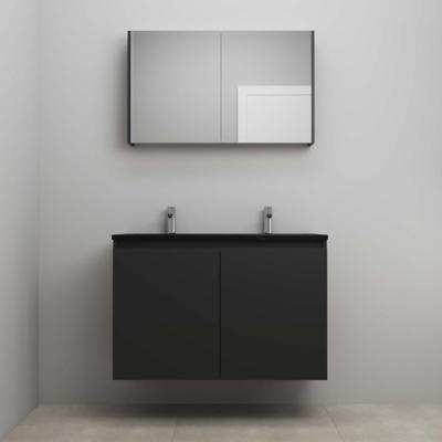 On-Line Badkamermeubelset - 100 cm - Voorgemonteerd - Greeploze Ladestructuur - Acryl Wastafel - 2 Kraangaten - Spiegelkast - Mat Zwart