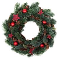 Kerstkrans - gedecoreerd - D34 x 8 cm - rood - dennenappels - kunststof