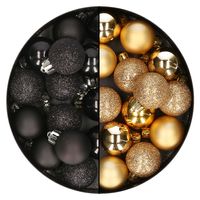 28x stuks kleine kunststof kerstballen zwart en goud 3 cm - thumbnail