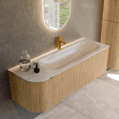 Badmeubel Mondiaz Kurve-Dlux | 135 cm | Meubelkleur Oak | Wastafelkleur Meli | Solid surface | Wasbak rechter zijde spoelbak | 1 kraangat