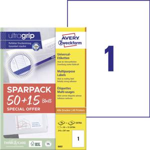 Avery-Zweckform 6603 Universele etiketten 210 x 297 mm Papier Wit 65 stuk(s) Permanent hechtend Laser (kleur), Laser (zwart/wit)