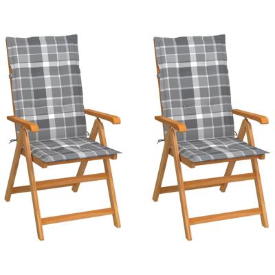 Tuinstoelen 2 st met grijs geruite kussens massief teakhout