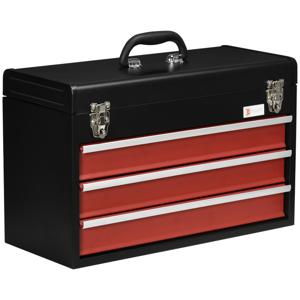 DURHAND Gereedschapskoffer, gereedschapskist, 3 laden, afsluitbaar, stalen behuizing, zwart+rood, 51 x 22 x 32 cm