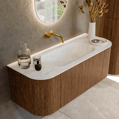 Mondiaz KURVE-DLUX 120 cm Onderkast Greeploos 1 Lade Met Deuren Walnut, Wastafel Solid Surface Midden Opalo 0 Kraangaten Zonder Spiegel (KRVBGS120L+R1L2D0KM-Wal/Opa)