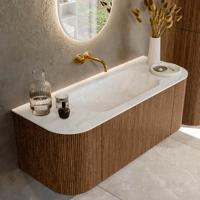 Mondiaz KURVE-DLUX 120 cm Onderkast Greeploos 1 Lade Met Deuren Walnut, Wastafel Solid Surface Midden Opalo 0 Kraangaten Zonder Spiegel (KRVBGS120L+R1L2D0KM-Wal/Opa)