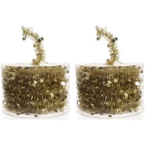 Decoris Kerstslinger- 2x -guirlande - met sterren - goud - glanzende lametta - 700 cm