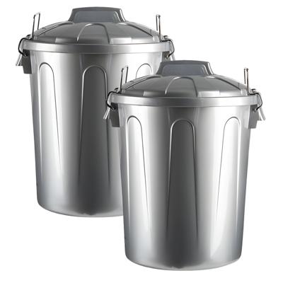 Plasticforte afvalemmer - 2x - zilver - 21L - kunststof - H42 cm - met deksel