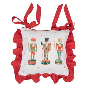 Clayre & Eef Kussenhoes Stoelkussen 40x40 cm Wit Rood Katoen Vierkant Notenkrakers Kerstkussen Wit Kerstkussen