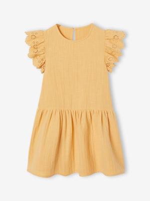 Meisjesjurk van katoengaas met korte geborduurde mouwen geel Meisjesjurk van katoengaas met korte geborduurde mouwen geel