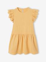 Meisjesjurk van katoengaas met korte geborduurde mouwen geel