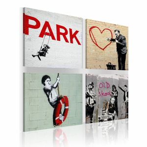 Schilderij - Banksy - Stedelijke Inspiratie, 4luik , multikleur , wanddecoratie , premium print op canvas