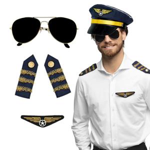 Carnaval verkleed set - pilotenpet - blauw - met epauletten/badge/zonnebril - heren/dames