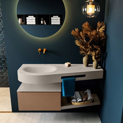 MONDIAZ RIVA 120cm badmeubel onderkast / planchet kleur Rust met 1 lade. Wastafel DULCET links 0 kraangaten kleur Linen.