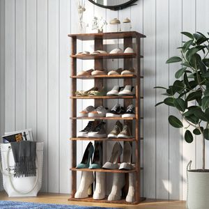 7-Niveaus Dubbele Rij Schoenenrek Verticale Houten Schoenorganizer Schoenenopslag 47 x 25,5 x 110 cm Rustiek Bruin
