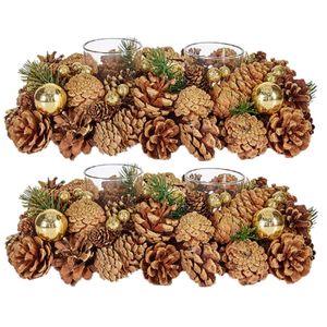 Set van 2x stuks kerst thema kaarsenhouders ornamenten gold/green nature 29 x 18 x 11 cm