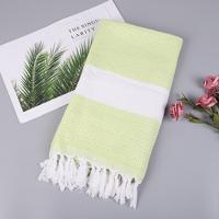 Gestreepte katoenen badhanddoek met kwastjes dunne reizen camping Bad sauna strand Gym zwembad deken absorberend Easy Care (tedere groen)