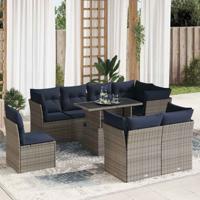 9-delige Loungeset met kussens poly rattan acacia grijs