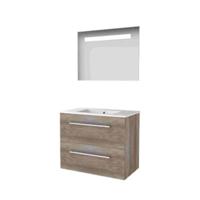 Basic-Line Economic 46 Badkamermeubelset - 80 x 46 cm - Met Grepen - 2 Lades - Keramische Wastafel - 1 Kraangat - Spiegel met LED Verlichting - Scotch Oak
