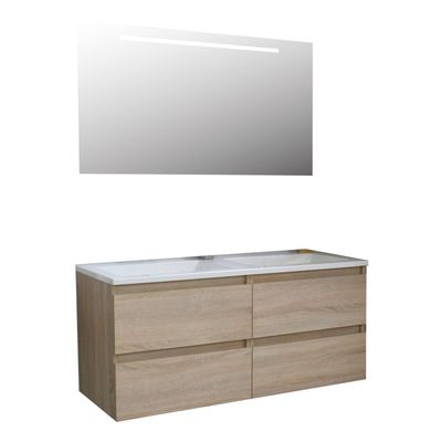Badkamermeubel BWS Pepper Acryl Wastafel Incl Spiegel Met LED Verlichting Met 2 Kraangaten 120x55x46 cm Eiken
