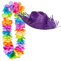 Carnaval verkleedset - Tropical Hawaii party - strohoed - en volle bloemenslinger multi colours - thumbnail