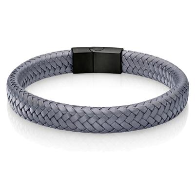 Gevlochten Leren Armband Heren Edelstaal Sluiting Grijs Zwart-18.5cm