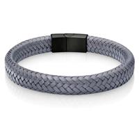 Gevlochten Leren Armband Heren Edelstaal Sluiting Grijs Zwart-18.5cm