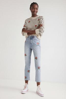 Gebloemde straight cropped jeans - BLUE - 34 Gebloemde straight cropped jeans - BLUE - 34