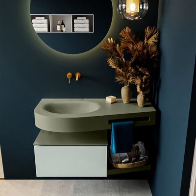 MONDIAZ RIVA 100cm badmeubel onderkast / planchet kleur Greey met 1 lade. Wastafel DULCET links 0 kraangaten kleur Army.