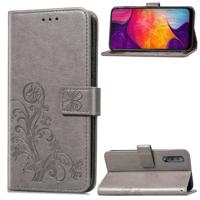 Lucky Clover ingedrukt bloemen patroon lederen draagtas voor Galaxy A50 met houder & kaartsleuven & portemonnee & hand strap (grijs)