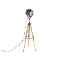 QAZQA Tripod studiospot vloerlamp zwart met hout - Shiny - thumbnail