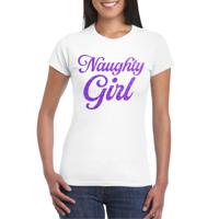 Foute party t-shirt voor dames - Naughty Girl - wit - glitter - carnaval/themafeest - thumbnail