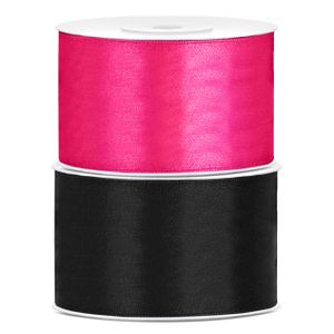 Set van 2 stuks sierlinten/cadeaulinten/satijnen linten zwart en roze 38 mm x 25 meter