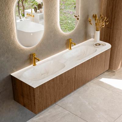 Mondiaz KURVE-DLUX 175 cm Onderkast Greeploos 2 Lades Met Deuren Walnut, Wastafel Solid Surface Links Ostra 2 Kraangaten Zonder Spiegel (KRVSTS175R2L1D2KD-Wal/Ost)