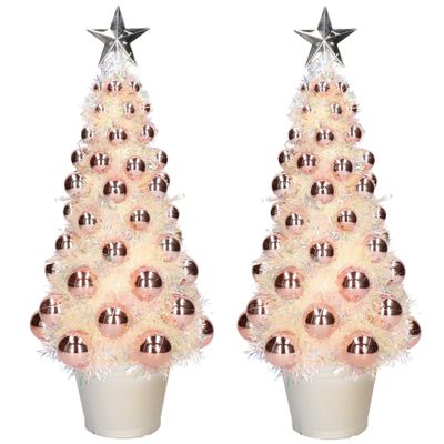 2x stuks complete mini kunst kerstbomen / kunstbomen zalmroze met lichtjes 40 cm