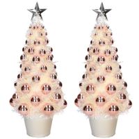 2x stuks complete mini kunst kerstbomen / kunstbomen zalmroze met lichtjes 40 cm