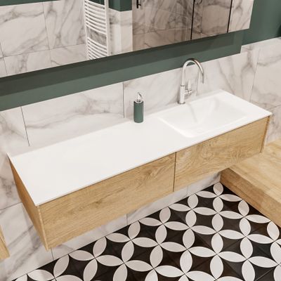 Mondiaz Lush Cloud badmeubel Washed oak 150 cm 2 lades solid surface enkele spoelbak rechts 1 kraangat