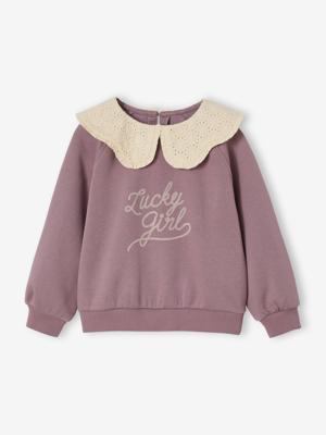 Sweater met kraag van Engels borduurwerk voor meisjes met flockprint en fluwelen boodschap zachtpaars