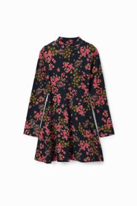 Geribde jurk met bloemen - BLACK - 7/8