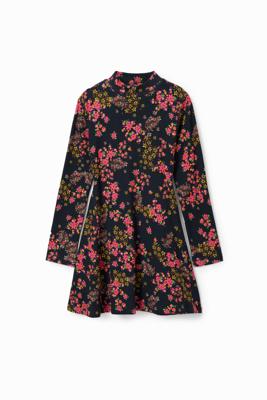 Geribde jurk met bloemen - BLACK - 7/8