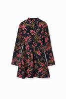 Geribde jurk met bloemen - BLACK - 7/8