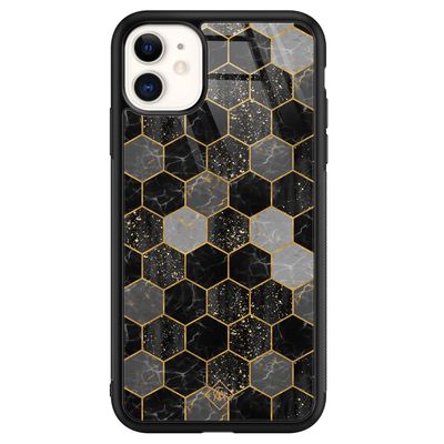 iPhone 11 glazen hardcase - Hexagons zwart