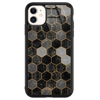 iPhone 11 glazen hardcase - Hexagons zwart
